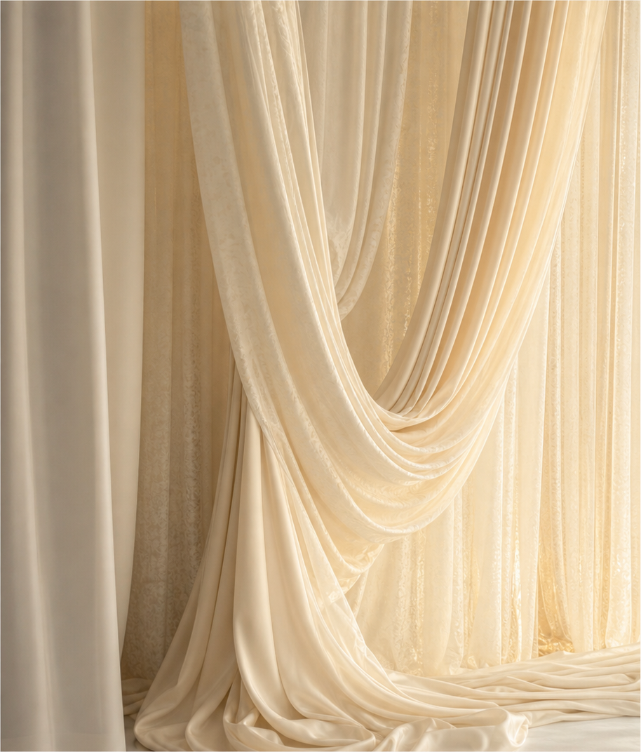 Sculptural ivory event drapery in warm natural light